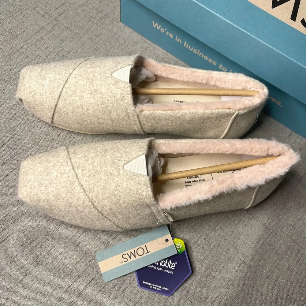 TOMS Alpargata Natural Felt Slipper Shoes with Pink Faux Fur Lining Nwt - Picture 7 of 11